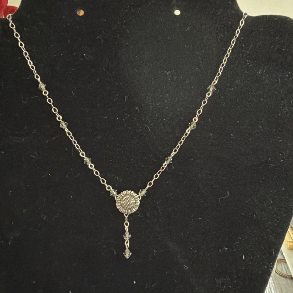 Vintage Je Sterling Silver 925 Sunflower Y-Drop Necklace Gray Crystal Beads 16"